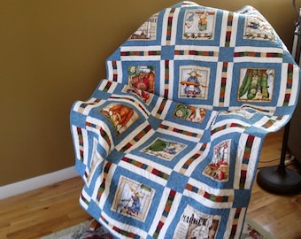 Peter Rabbit Quilt, primary colors, Size 39 × 63", toddler bed quilt, lap quilt, heirloom quilt, Quiltsy Handmade