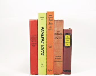 SPANISH Schoolbooks, Antique Old Decorative Books, Antique Book Collection, Dorm room Decor, Book Decor, Instant Library, ORange Red BOoks