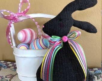 Felted Wool Easter Bunny-Fiberfill Stuffed Wool Easter Rabbit-Recycled Wool Sweater-Easter Decoration-Handmade Bunny-Fabric Bunny-Dark Grey