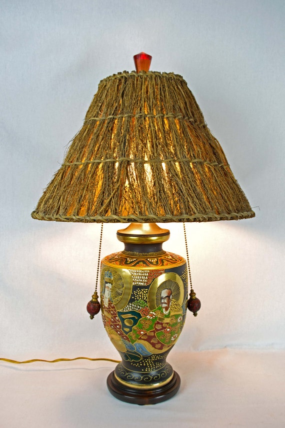 Antique Japanese Satsuma Lamp Hand Painted Brass with Moriage