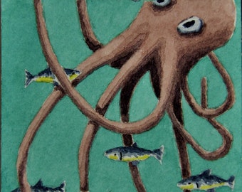 ACEO. Artist trading card. Original watercolour. 'Octopus having his feet tickled.'