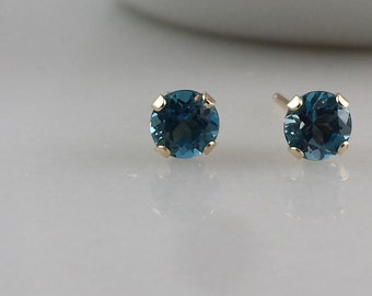 14k Gold London Blue Topaz Gemstone Stud Earrings - 4mm London Blue Topaz Studs