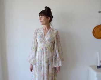 Vintage clothing - vintage dress floral print sheer gauze maxi dress 70's - HUGE SLEEVES- wedding dress?