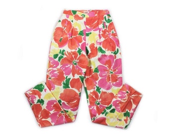 Mondi Vintage 1980s High Waisted Pants Trousers Linen Watercolor Floral Flowers Print Tapered Pegged Leg Germany Medium