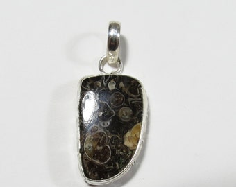 Natural Turitella Fossil Agate Gemstone, Turitella Sterling Silver Pendant, 40x17mm, Turitella Gem Necklace, Turitella Agate Fossil Jewelry
