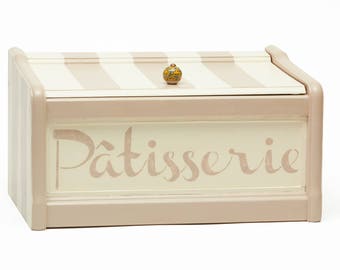 Hand Painted Vintage Wood Bread Box, Kitchen Storage, White, Beige, Stencil French Word, Patisserie