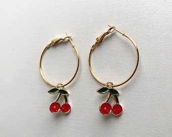 Handmade Red Cherry Gold Hoop Earrings