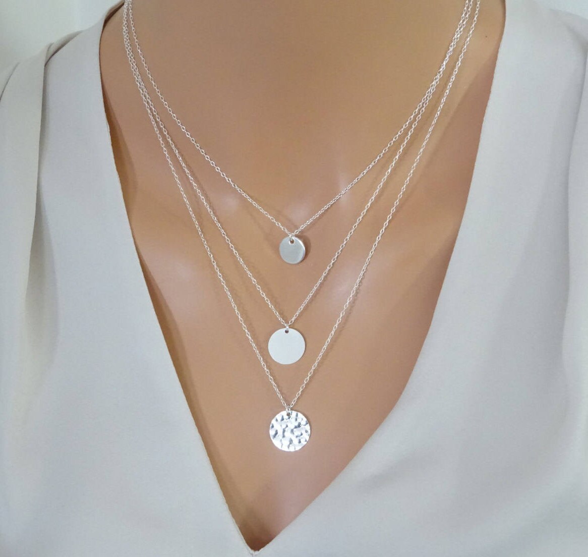 Layering Necklace Set Of 3 Disc Necklaces Personalized Circle Layering Necklace Set Of 3 Disc Necklaces Personalized Circle Custom Sterling Silver Gold Fill