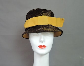 Vintage Velvet Hat Black & Gold, 1960s Bucket Cloche, fits 21 inch head