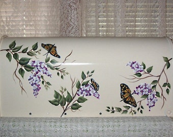 Hand Painted Mailbox with Butterflies and Wisteria on White b/g