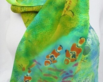 silk scarf crepe hand painted Coral Reef wearable art women unique ocean fish luxury unique