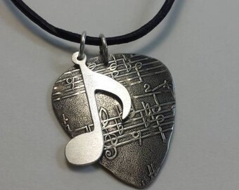 Sterling Silver Guitar Pick necklace with music note charm by NiciLaskin - GPN005