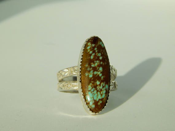Ophelia, Number 8 Mine Turquoise with a Flower Double Band, Size 7