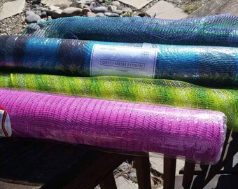 Blue, Green, Pink, or Purple-Green Deco Mesh Ribbon by the roll - Wedding decor, wreath making supplies