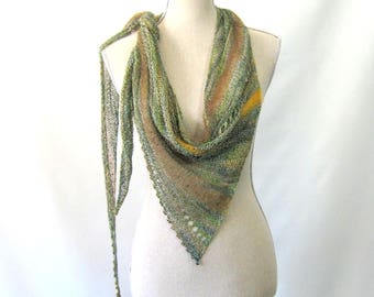 Sheer Summer Weight Skinny Triangle Shawl Style Scarf Neckwrap with Beads - Silk Mix Blend Yarn - Ethereal Olive Green and Gold