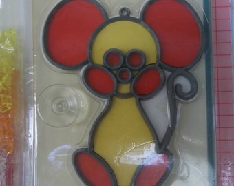 Baking craft vintage stained glass kit, red and yellow mouse design, retro NOS, Baking creations, summer project childrens kit, suncatcher