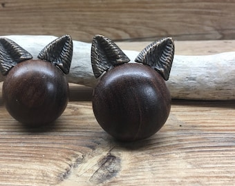 Clearance Imperfect SET Of 2 - Fox or Cat Ears Wood Knob - Abstract Fox - Nature Forest Fairytale Theme - Decorative Kitty Ears Drawer Pull