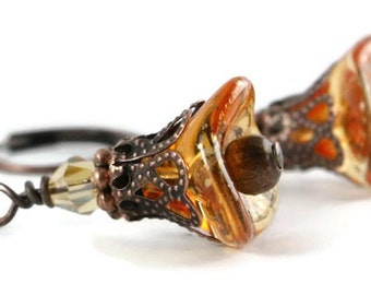 Sunshine Dust trumpet bell flower and antique copper leverback earrings (149)