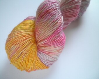 Hand dyed merino yarn, single ply, stellina sparkle, 399 yards, Eddie Sparklebutt