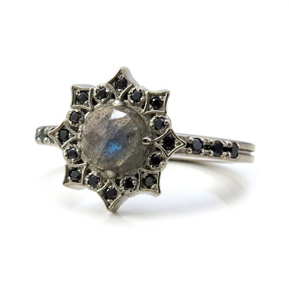 Labradorite and Black Diamond Mandala Engagement Ring - Gothic Bohemian Fine Jewelry