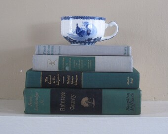Green and Gray Decorative Book Set, Vintage Book Bundle, Old Book Decoration, Green Decor, Farmhouse Books, Shabby Book Collection