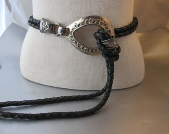 Vintage 90's Brighton Black Leather Braided Tie Belt Silver Tone Accents Medium 48" Long