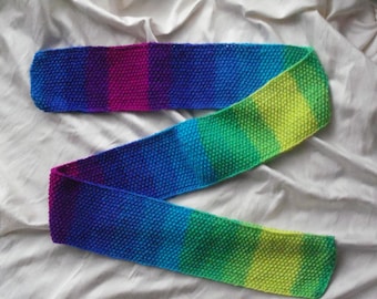 READY TO SHIP*** Hand knit scarf in variegated yarn of blues, purples and greens