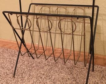 Vintage Magazine Rack Brass Gold Tone Black Metal - Hollywood Regency Mid Century