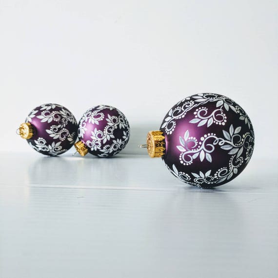 Hand Painted Ornament: Plum purple with white swirls dots and leaves Christmas Ornament sugar plum glass ornaments