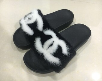 Chanel fur slides | Etsy