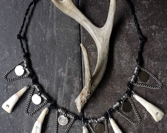 Real Buffalo Teeth (5) Bib Necklace -Tribal-Coin Necklace-Choker-Real Tooth-Bone-Primitive-Bison Tooth-Free Shipping!