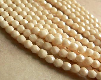 Champagne Luster Czech Glass Fire Polished Round Beads Opaque Ivory Cream 4mm (50)