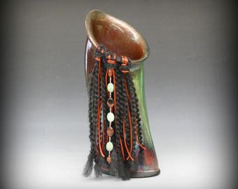 Raku Oval Vase with Fiber and Stones in Metallic Iridescent Colors