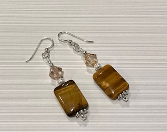 Sterlinv Silver, Swarovski Crystal and Tiger's Eye Earrings - FREE SHIPPING