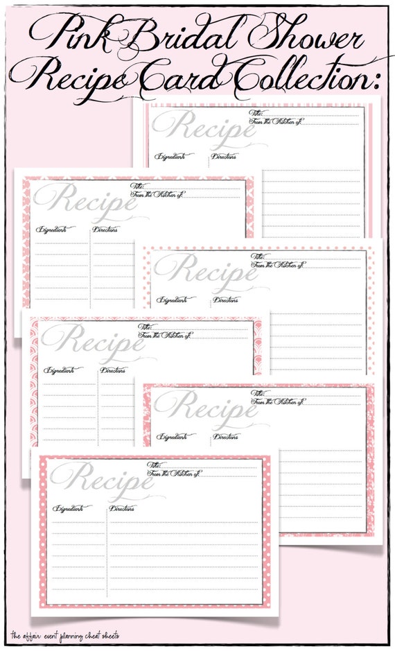 Items similar to Pink Recipe Card Collection Set of 6 Pink 4x6 Recipe