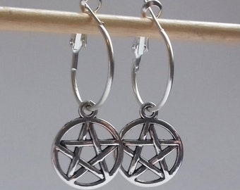 Silver Pentagram Earrings , Silver Pentacle Earrings , Pentagram Hoops , Silver Hoops , Wicca Earrings , Hoop Earrings , New Age , Boho