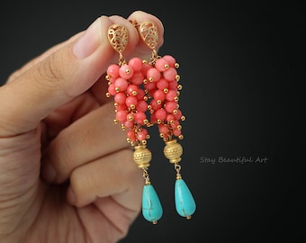 Coral Earrings Turquoise Earrings Gemstone Earrings Teardrop Earrings Cluster Earrings Long Earrings Pink Earrings Dainty Earrings Dangle
