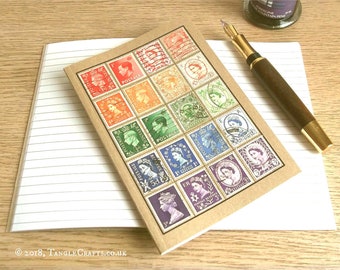 British Travel Notebook | Postage Stamp Rainbow Travel Journal | Upcycled GB Great Britain Stamp Collection, Philately Gift | Lined A6 Kraft