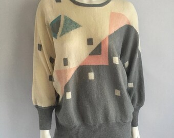 Vintage Women's 80's Sweater, Gray, Geometric, Dolman Sleeve (XL)