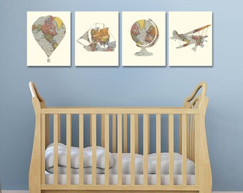 Nursery Decor - Travel Theme Nursery - Baby Shower - Travel Baby Shower - Vintage Map Prints - Nursery Wall Art - Hot Air Balloon Nursery