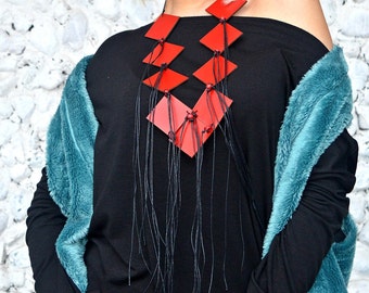 Extravagant Red Necklace, Red Leather Jewelry, Long Geometric Necklace, Red Leather Geometric Necklace TLJ46 Urban Muse