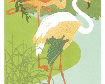 Hand-cut wooden jigsaw puzzle. FLAMINGOS. A Roubille. Art Deco print. Wood, collectible. Bella Puzzles.