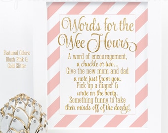 Baby Shower Games, Words For The Wee Hours, Words of Wisdom Late Night Diapers Blush Pink Gold Glitter Printable Baby Girl Shower Game Ideas