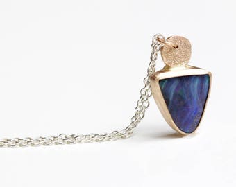 Boulder Opal Necklace Pave Bail One of a Kind Recycled 14k Yellow Gold and Sterling Silver Modern Boho Pendant Recycled Metal OOAK