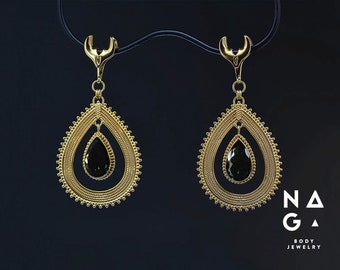 OOAK vermeil gold ear weights with moldavite, South Indian style light ear weights