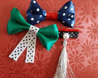 Set of three brooches-Ribbon brooch-Bow pin-Blue Green Red Polka Dot Brooch-Gift