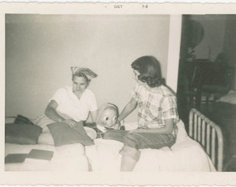 vintage photo 1956 Snapshot Teenage Girl Mom Strange Doll Humpty Dumpty Egg Head