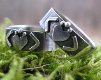 Modern Claddagh Band . wedding band . unisex band . rounded square band in sterling silver . gunmetal finish wedding band . made to order
