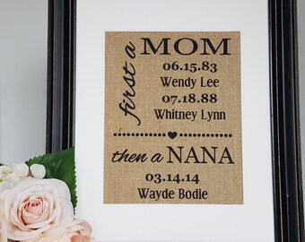 Nana Gift - Mimi Gift - Mom Gift - Mom Burlap Print - Meme Gift - Grandchildren Sign - Mom On Burlap - Family Date Sign - Mom Birthday Gift