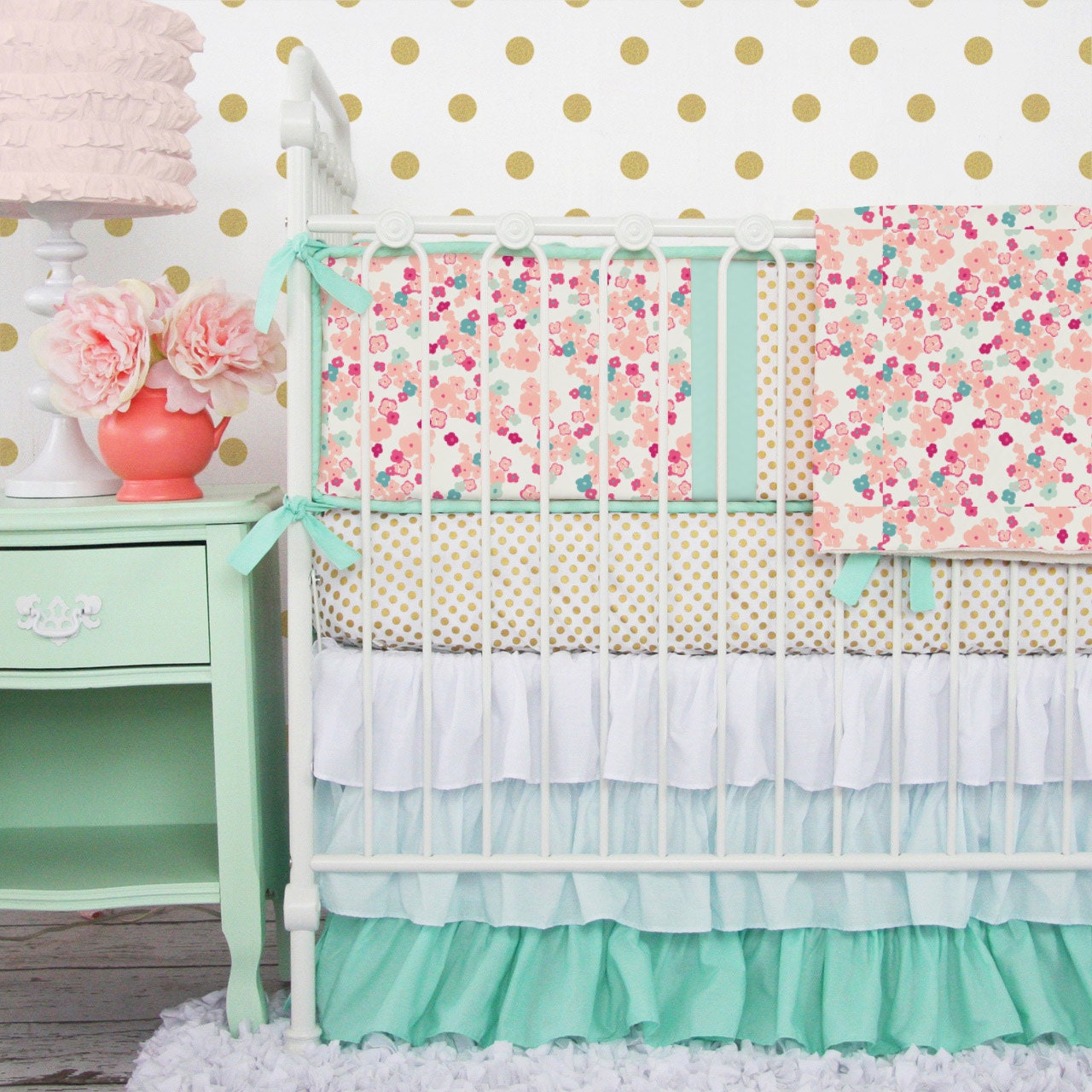 Mint and Mini Floral Baby Bedding Girl Crib Set in Coral